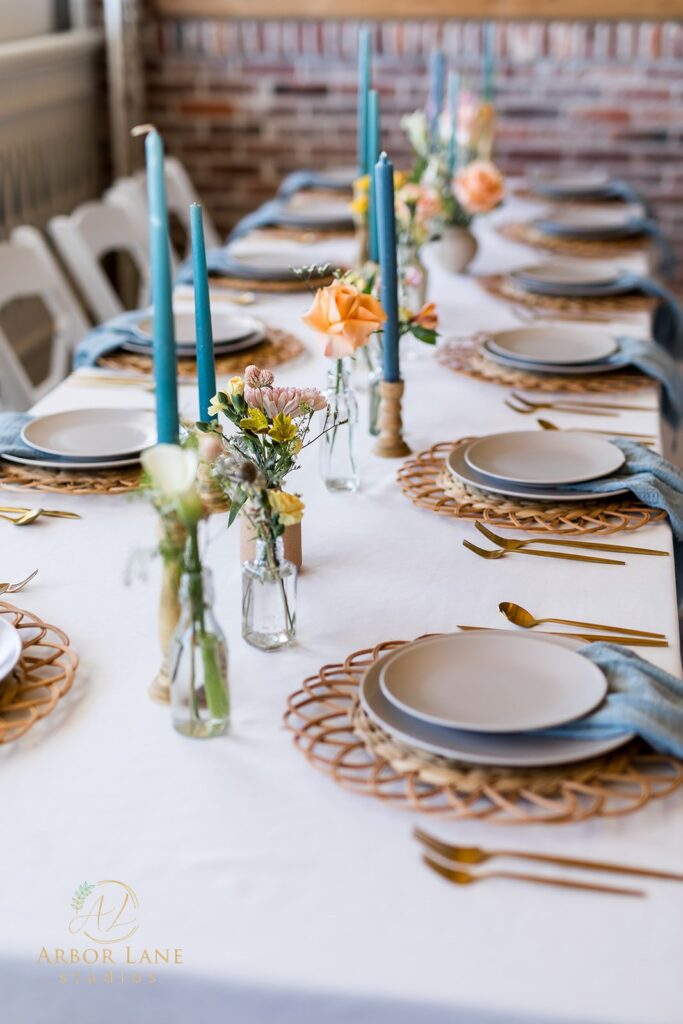 a table set with place settings and place settings