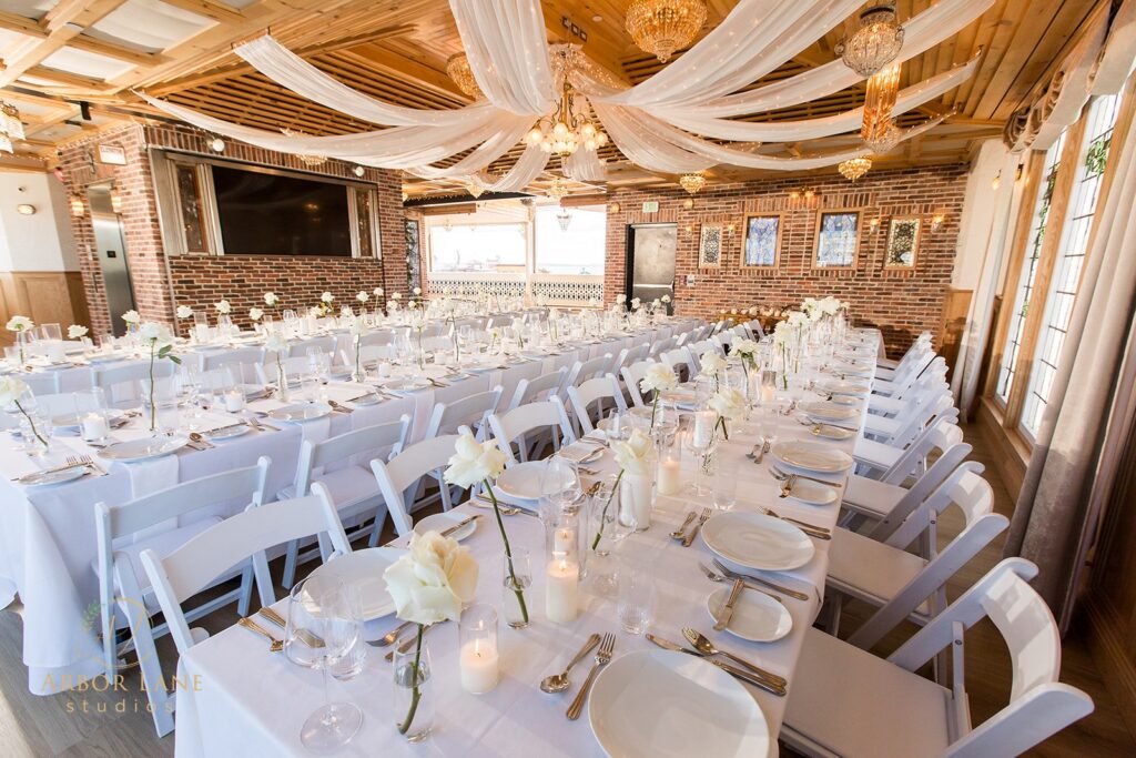 a banquet hall set up for a wedding