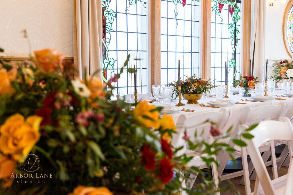 a dining room set up for a formal function