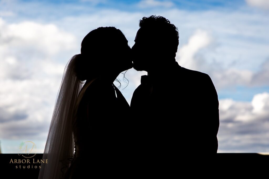 a silhouette of a bride and groom kissing