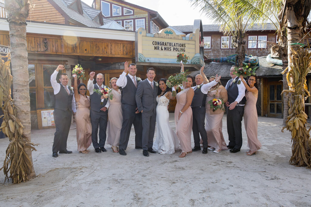 a group of people standing in front of a building